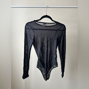 Windsor Black Sheer Mesh Long Sleeve Bodysuit, Size S